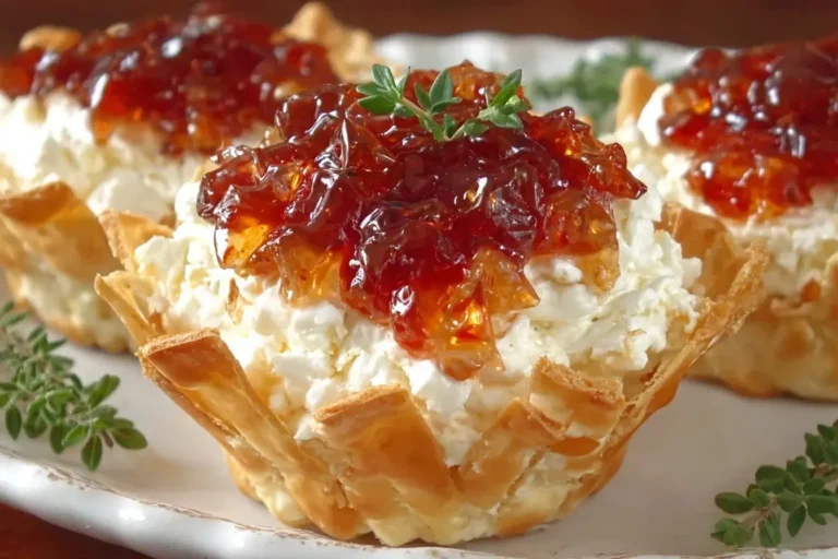 Pepper Jelly Cream Cheese Appetizer Dip and Bites served in crispy phyllo shells, topped with glossy red pepper jelly and fresh thyme on a white plate