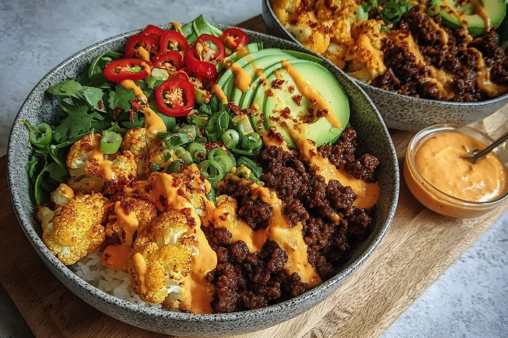 Crispy Chile Ground Beef and Cauliflower bowl with crispy chile beef, roasted cauliflower, avocado, sliced red chiles, greens, scallions, and creamy spicy drizzle.