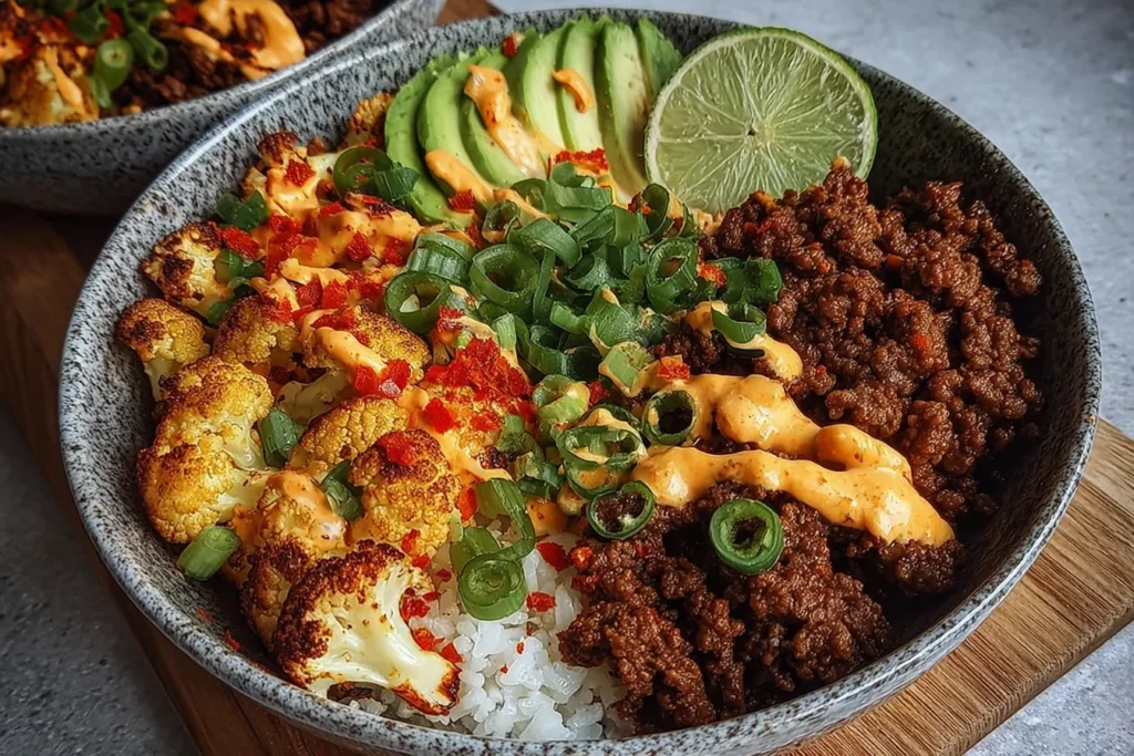 Crispy Chile Ground Beef and Cauliflower protein bowl with browned ground beef, roasted cauliflower, avocado slices, scallions, lime, and creamy spicy drizzle.