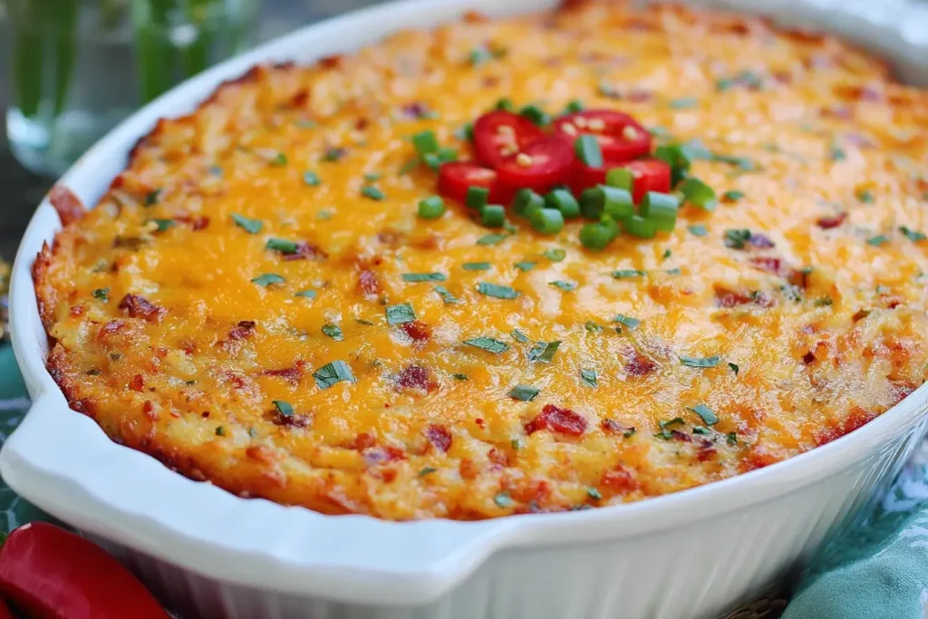 Close-up of a golden, bubbly Pimento Cheese Hash Brown Casserole topped with sliced red peppers and green onions in a white baking dish.