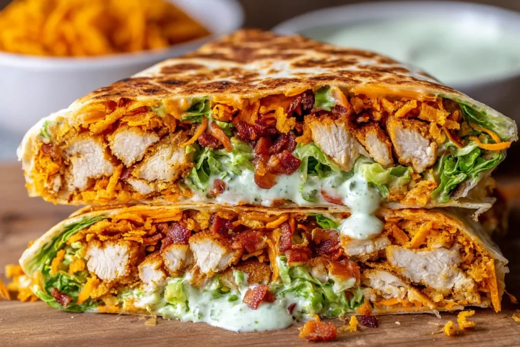 Healthy Chicken Crunch Wrap cut in half, showing seasoned chicken, crunchy tortilla layer, lettuce, cheese, and creamy sauce dripping out.