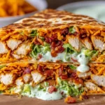 Healthy Chicken Crunch Wrap cut in half, showing seasoned chicken, crunchy tortilla layer, lettuce, cheese, and creamy sauce dripping out.