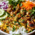 Crispy seasoned chicken served over rice with fresh vegetables, peanuts, and herbs in a vibrant bowl of Chicken Satay Spring Roll Bowls.