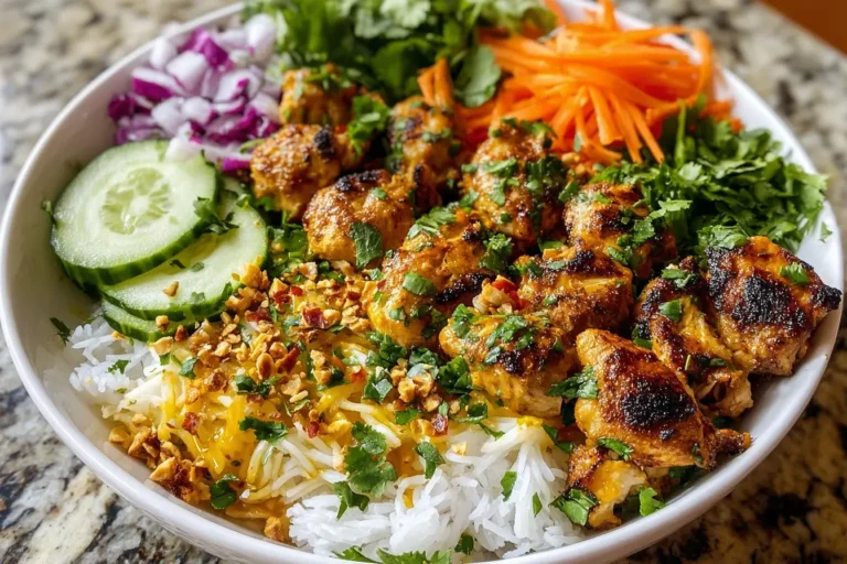 Crispy seasoned chicken served over rice with fresh vegetables, peanuts, and herbs in a vibrant bowl of Chicken Satay Spring Roll Bowls.