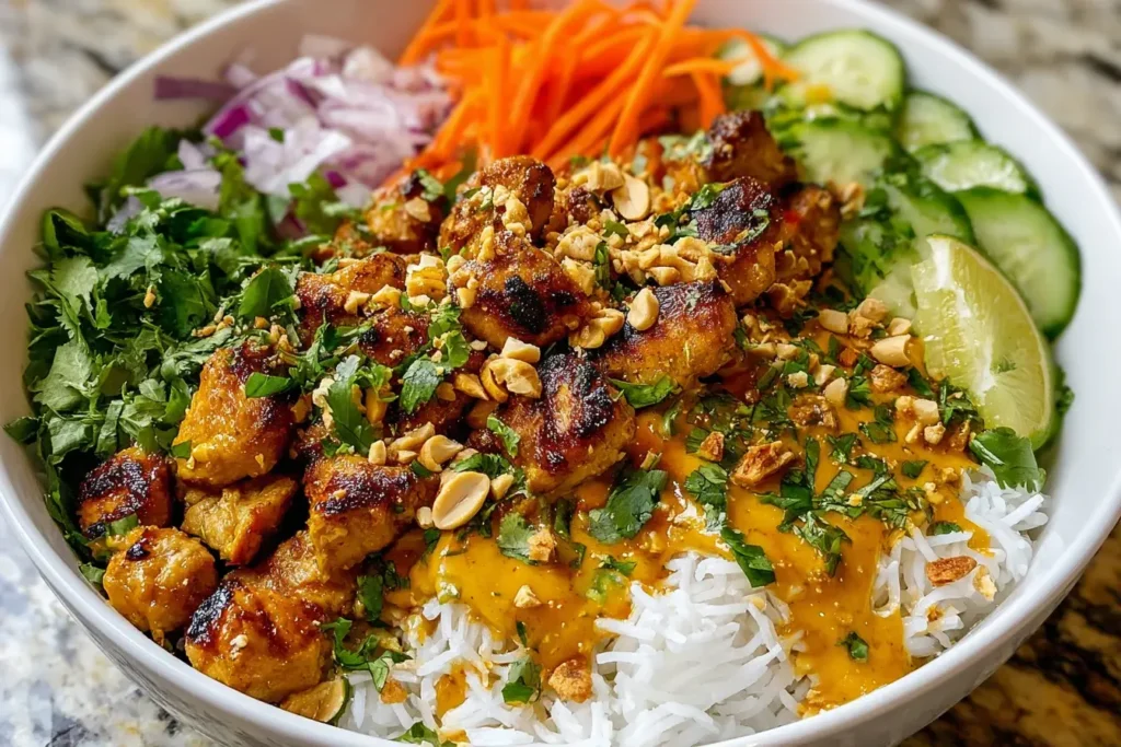 Chicken Satay Spring Roll Bowls topped with grilled chicken, crunchy peanuts, fresh herbs, cucumbers, carrots, and lime over fluffy rice.