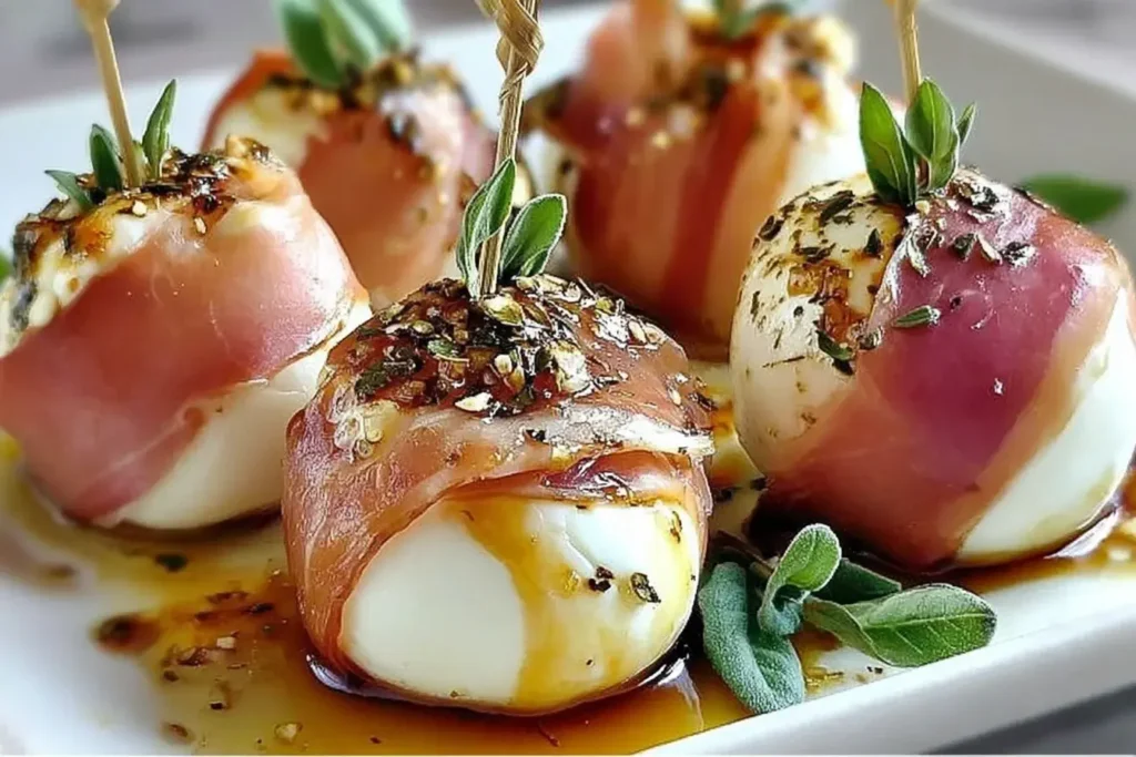 Prosciutto Wrapped Mozzarella Bites baked until golden, topped with herbs and basil, served warm as an elegant appetizer.
