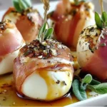Prosciutto Wrapped Mozzarella Bites baked until golden, topped with herbs and basil, served warm as an elegant appetizer.