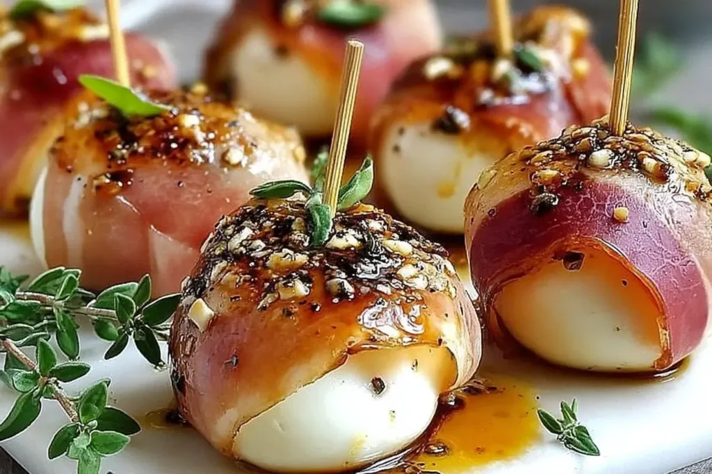 Prosciutto Wrapped Mozzarella Bites drizzled with olive oil and herbs, baked until crispy and served with toothpicks as a party appetizer.