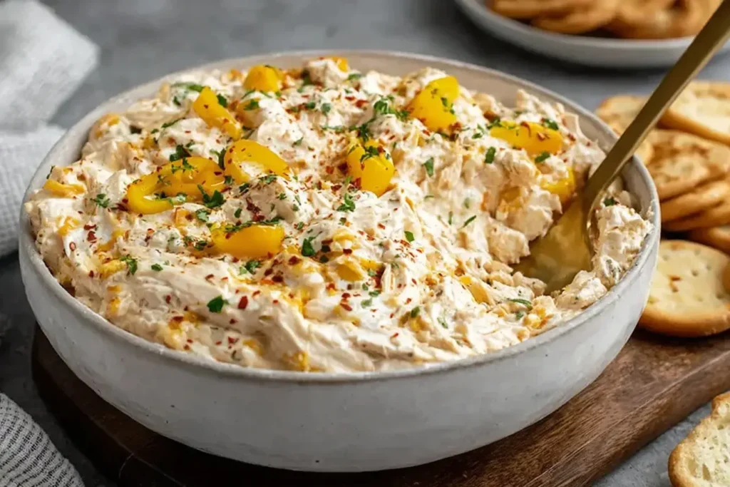 Creamy Banana Pepper Chicken Dip served warm in a bowl, topped with sliced banana peppers and herbs, surrounded by crackers for dipping