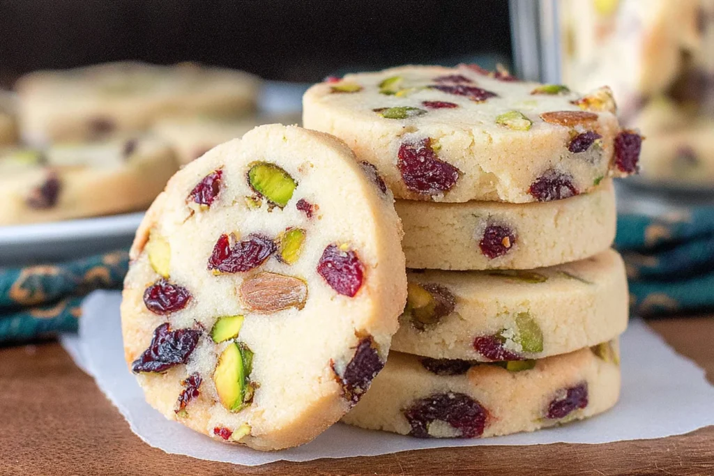: Cranberry Pistachio Shortbread cookies stacked on parchment, showing buttery slices studded with dried cranberries and chopped pistachios.