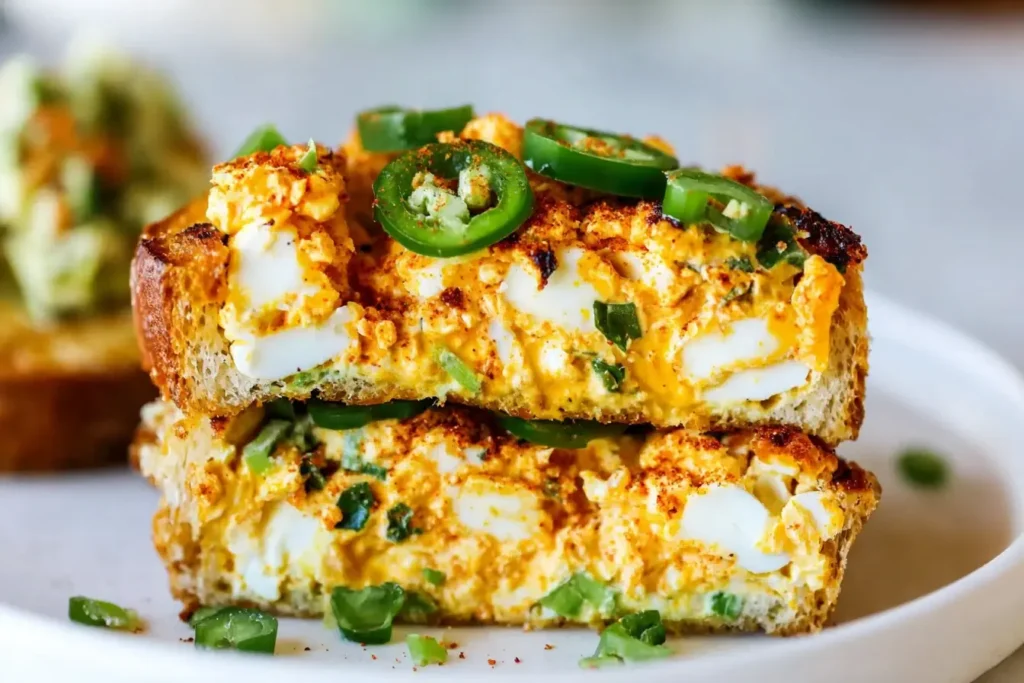 Crispy Egg Salad stacked on toasted bread with chopped eggs, melted cheese, fresh jalapeños, and a golden pan-fried crust