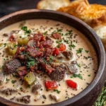 Creamy Philly Cheesesteak Soup topped with crispy bacon, tender beef, peppers, and herbs served with cheesy toasted bread.