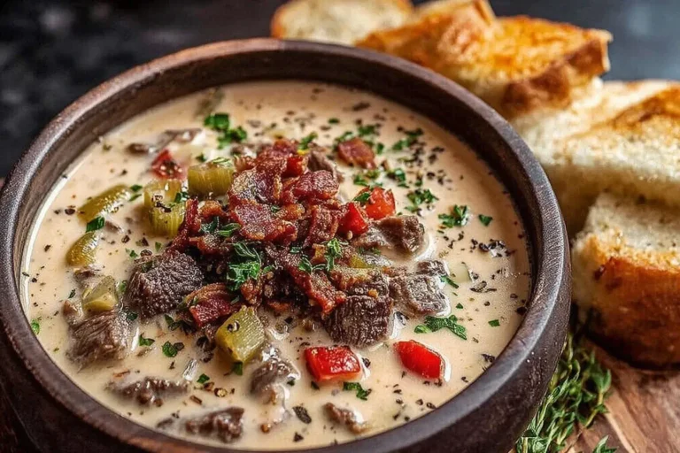 Creamy Philly Cheesesteak Soup topped with crispy bacon, tender beef, peppers, and herbs served with cheesy toasted bread.