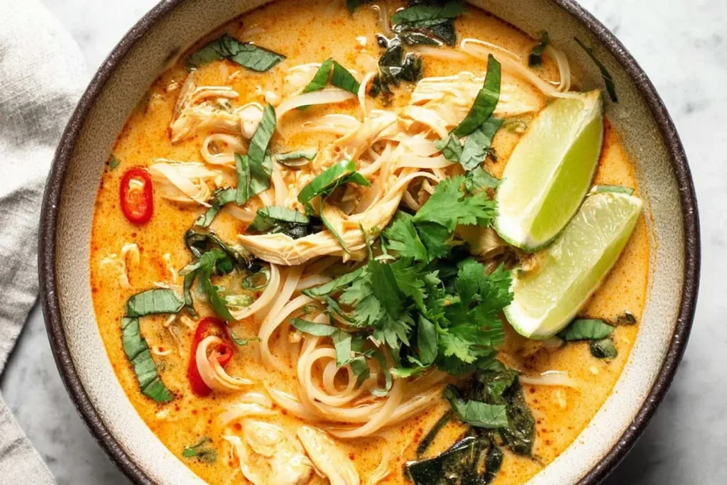 Overhead view of creamy Thai Chicken Curry Soup with coconut milk, shredded chicken, rice noodles, fresh cilantro, red chili slices, and lime wedges.