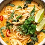 Overhead view of creamy Thai Chicken Curry Soup with coconut milk, shredded chicken, rice noodles, fresh cilantro, red chili slices, and lime wedges.