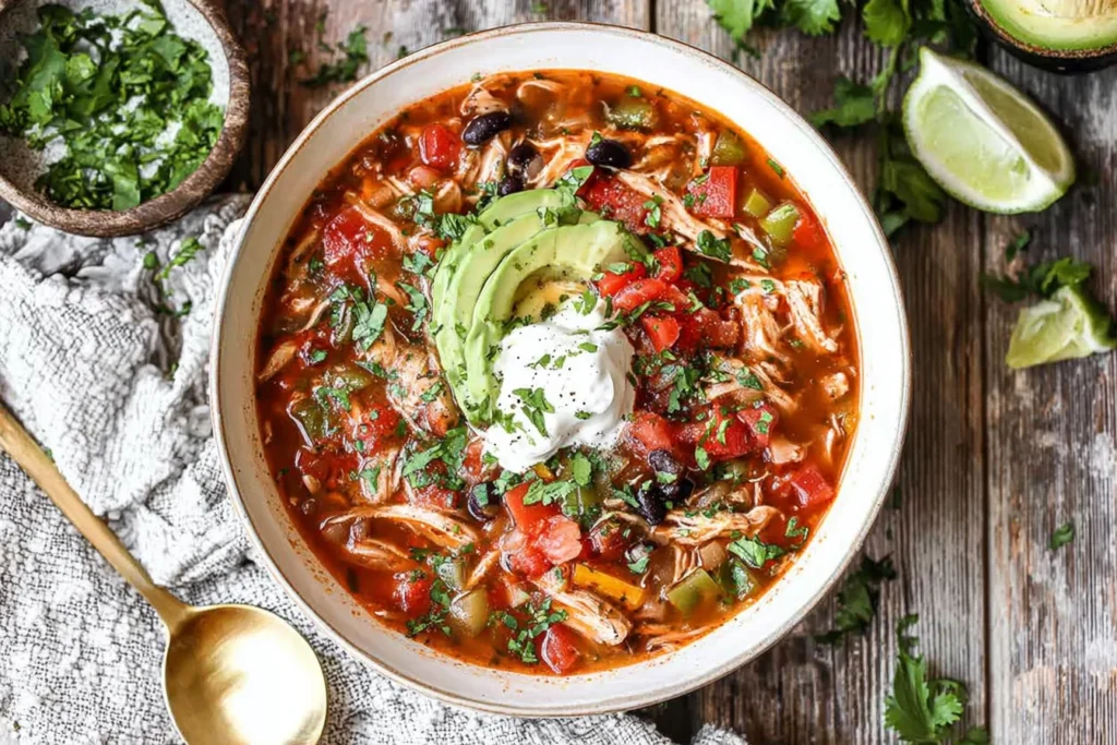 Chicken Fajita Soup in a white bowl topped with avocado slices, sour cream, cilantro, and salsa, with lime wedges on a rustic table.