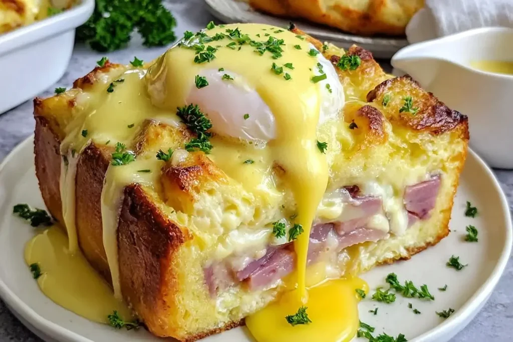 Eggs Benedict Casserole Bake with layers of English muffins and Canadian bacon, topped with a poached egg and creamy hollandaise sauce