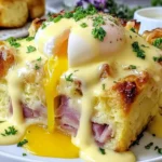 Eggs Benedict Casserole Bake topped with a poached egg, rich hollandaise sauce, and parsley, showing layers of English muffins and Canadian bacon