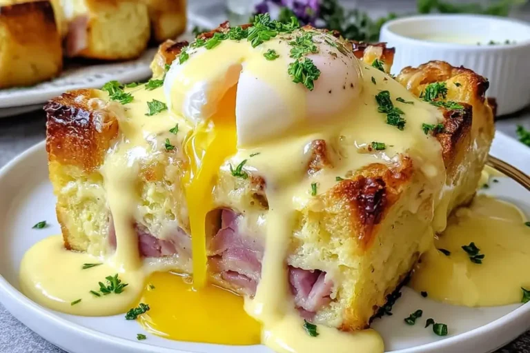 Eggs Benedict Casserole Bake topped with a poached egg, rich hollandaise sauce, and parsley, showing layers of English muffins and Canadian bacon