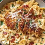 Southern Style Creamy Parmesan Chicken Pasta topped with crispy seasoned chicken, bacon, and fresh parsley in a rich, creamy sauce