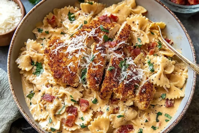 Southern Style Creamy Parmesan Chicken Pasta topped with crispy seasoned chicken, bacon, and fresh parsley in a rich, creamy sauce