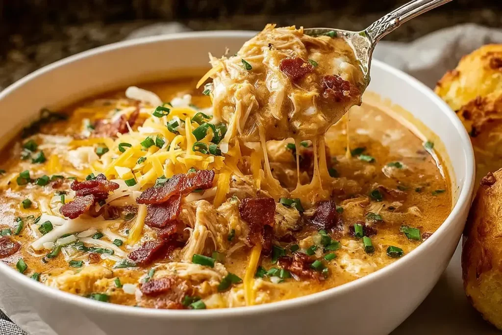 Spoon lifting creamy Million Dollar Soup Velvet with shredded chicken, melted cheddar cheese, crispy bacon, and fresh chives in a rich velvety broth