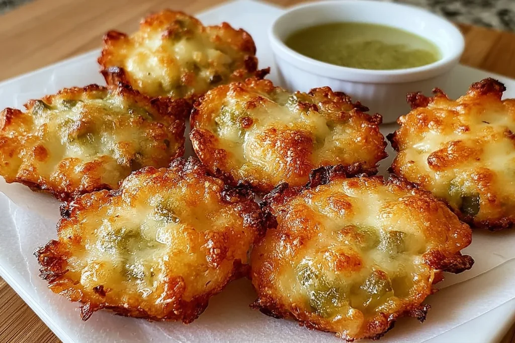 Crispy Pickle Cheese Bites on a plate with dipping sauce—golden, cheesy, tangy pickle-studded snack bites.