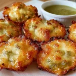 Crispy Pickle Cheese Bites on a plate with dipping sauce—golden, cheesy, tangy pickle-studded snack bites.