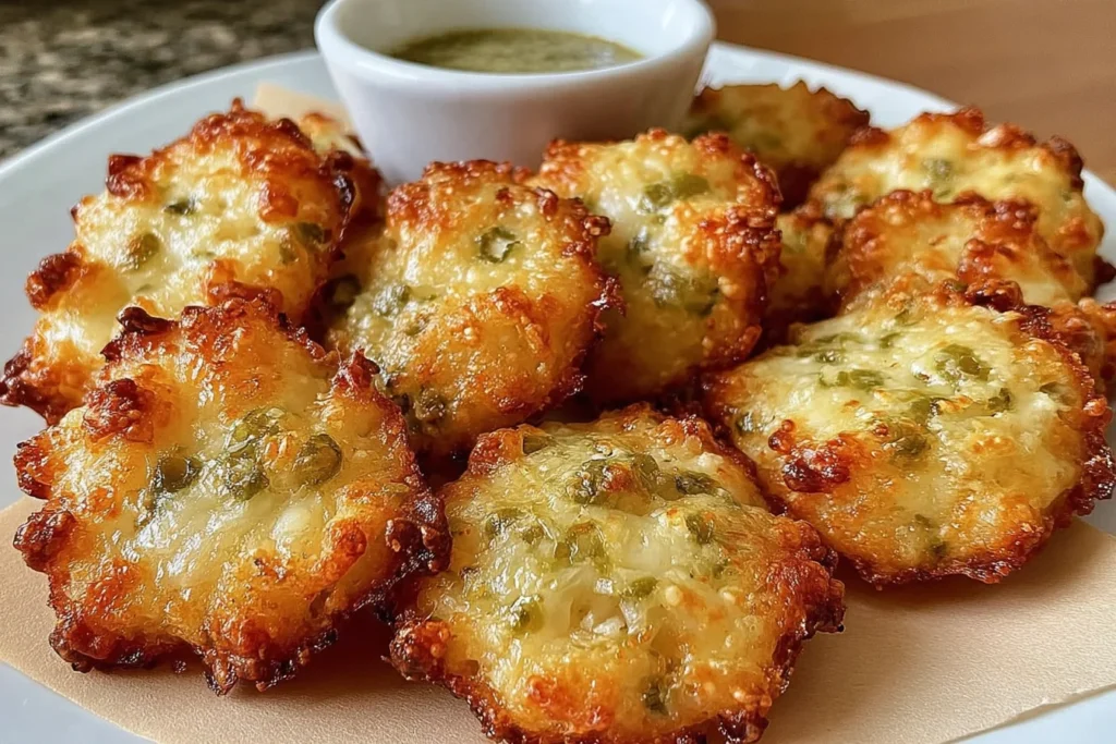 Crispy Pickle Cheese Bites piled on a plate with dipping sauce, baked until golden brown with crispy edges and gooey centers.