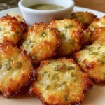 Crispy Pickle Cheese Bites piled on a plate with dipping sauce, baked until golden brown with crispy edges and gooey centers.