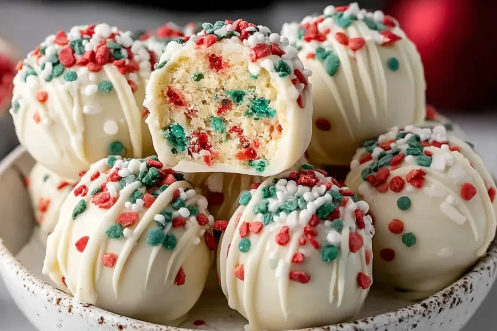 Close-up of Christmas Tree Cake Truffles coated in white chocolate and topped with festive red and green sprinkles.