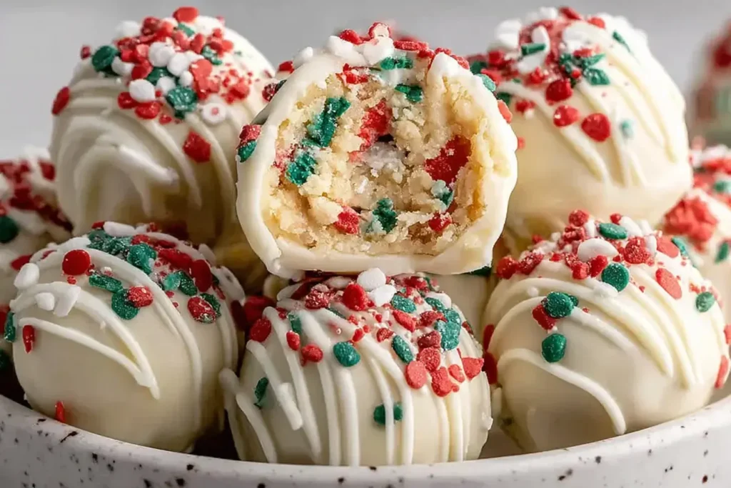 Festive Christmas Tree Cake Truffles coated in white chocolate and topped with red and green sprinkles.