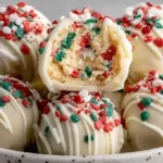 Festive Christmas Tree Cake Truffles coated in white chocolate and topped with red and green sprinkles.