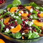 Fresh Winter Salad Recipe with mixed greens, mandarin oranges, pomegranate seeds, feta cheese, and candied pecans in a glass bowl.