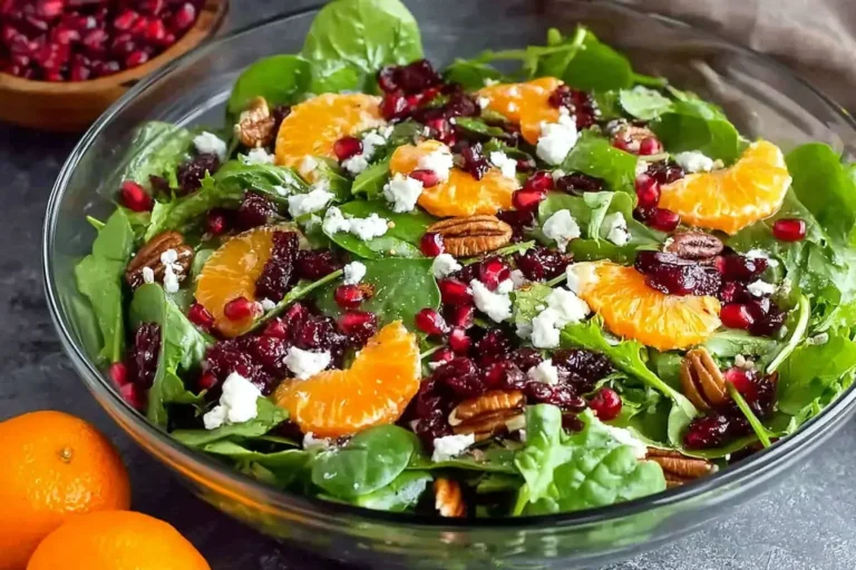 Fresh Winter Salad Recipe with mixed greens, mandarin oranges, pomegranate seeds, feta cheese, and candied pecans in a glass bowl.