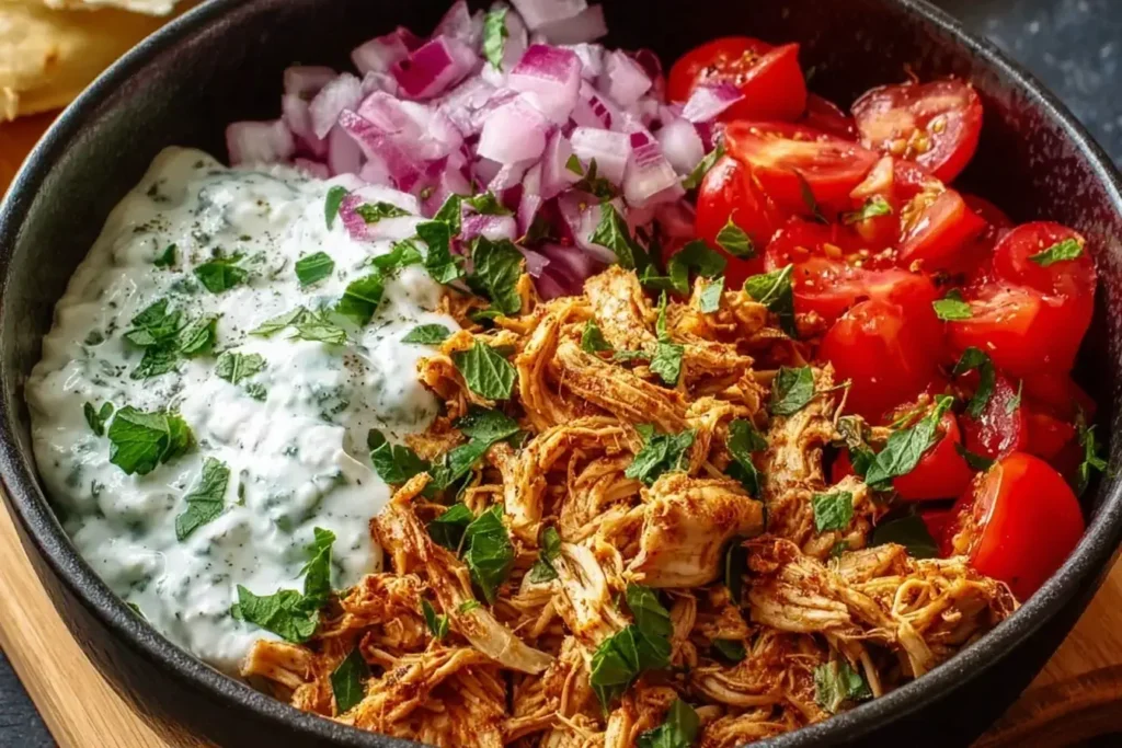 Slow Cooker Chicken Shawarma bowl with shredded spiced chicken, creamy yogurt sauce, fresh tomatoes, red onion, and herbs