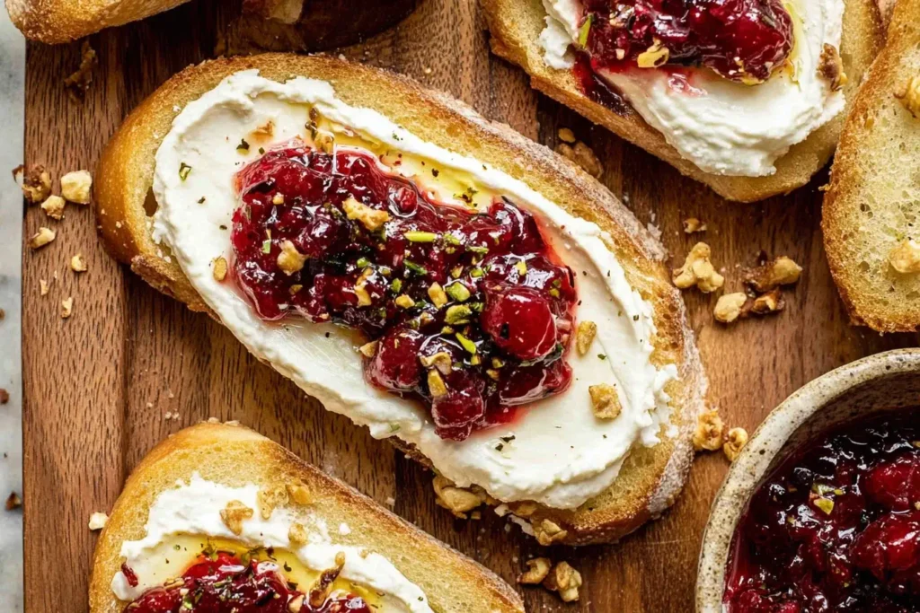Toasted crostini topped with creamy Cranberry Whipped Feta Dip and homemade cranberry sauce.