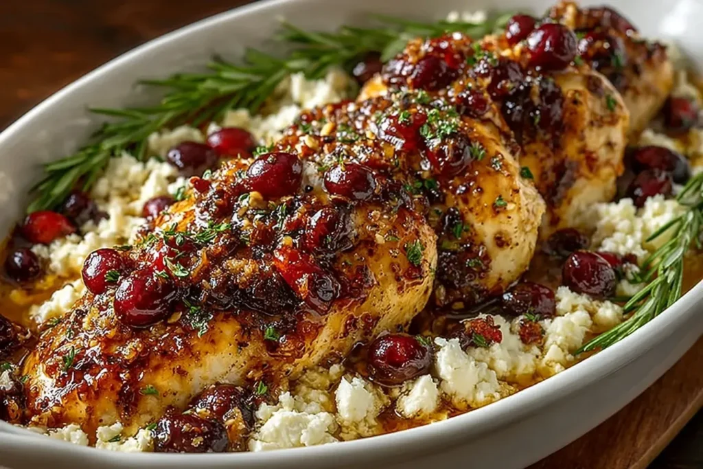 Honey Cranberry Chicken baked until golden with juicy chicken breasts, sweet honey glaze, tangy cranberries, creamy ricotta cheese, and fresh rosemary.