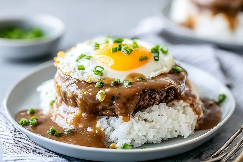 Hawaiian Loco Moco with white rice, juicy beef patty, rich brown gravy, and a sunny-side egg topped with sliced green onions.
