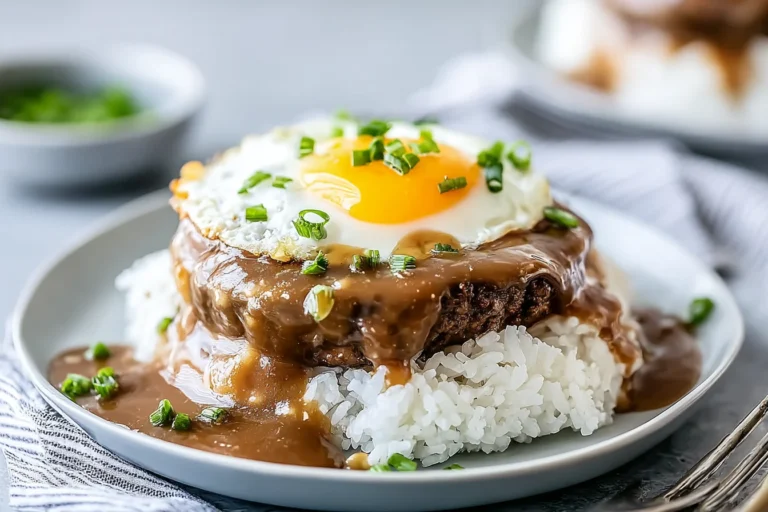 Hawaiian Loco Moco with white rice, juicy beef patty, rich brown gravy, and a sunny-side egg topped with sliced green onions.