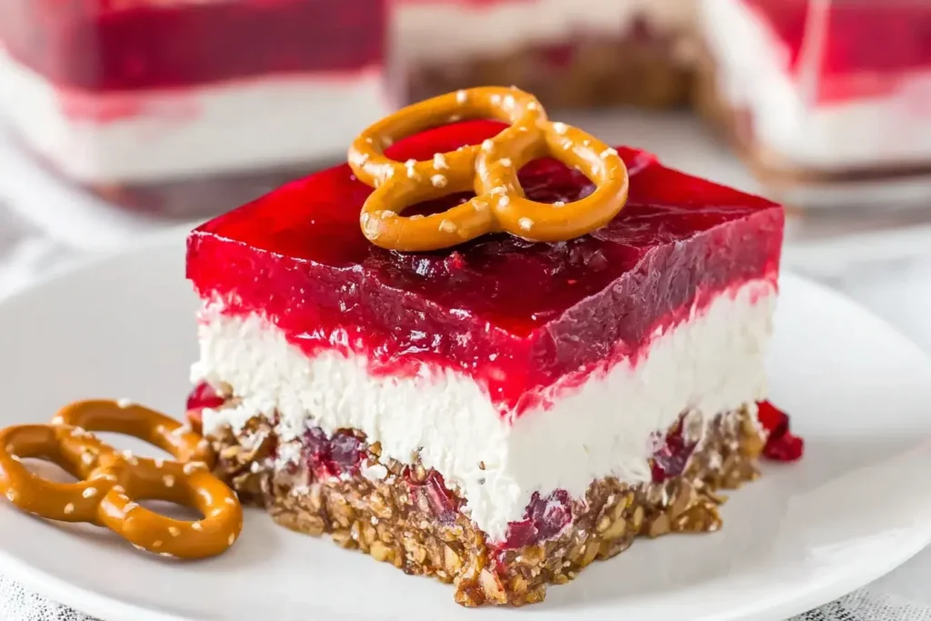 Cranberry Pretzel Salad layered dessert with pretzel crust, creamy filling, and cranberry Jello topping, garnished with pretzels on a white plate.