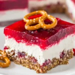 Cranberry Pretzel Salad layered dessert with pretzel crust, creamy filling, and cranberry Jello topping, garnished with pretzels on a white plate.