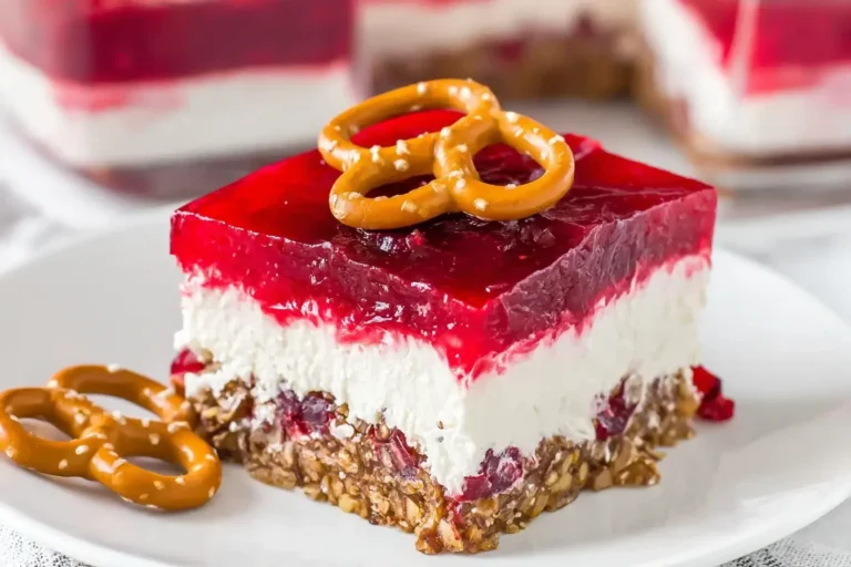 Cranberry Pretzel Salad layered dessert with pretzel crust, creamy filling, and cranberry Jello topping, garnished with pretzels on a white plate.