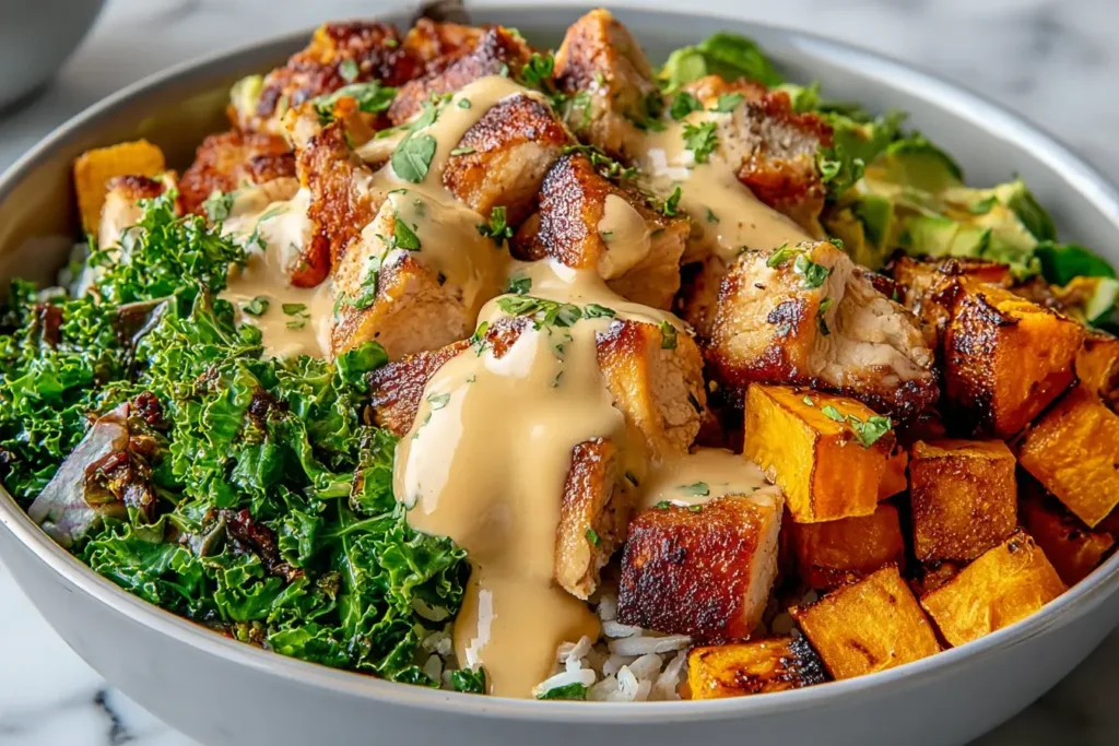 Healthy Chicken and Sweet Potato Bowls with golden pan-seared chicken, roasted sweet potatoes, fluffy rice, sautéed greens, and creamy yogurt sauce