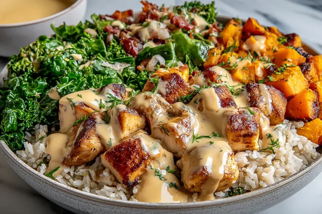 Healthy Chicken and Sweet Potato Bowls with crispy pan-seared chicken, roasted sweet potatoes, brown rice, sautéed kale, and creamy yogurt sauce