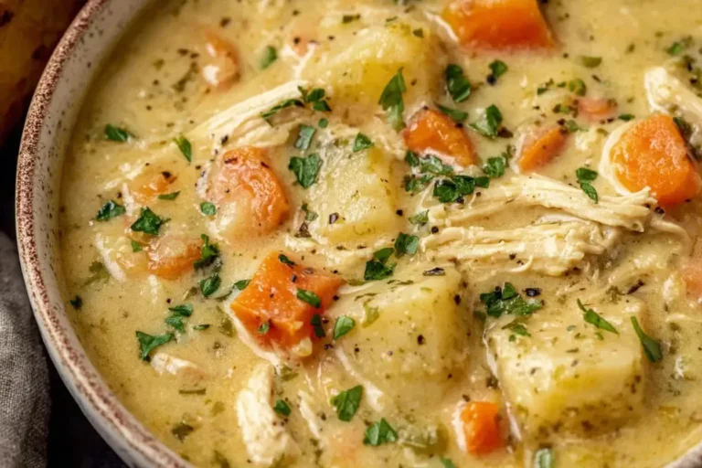 Creamy High Protein Chicken Pot Pie Soup with tender chicken, carrots, potatoes, and herbs in a comforting, hearty broth.