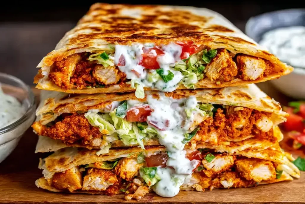 Healthy Chicken Crunch Wrap stacked and sliced, filled with seasoned chicken, shredded lettuce, tomatoes, and creamy sauce in a crispy toasted tortilla.