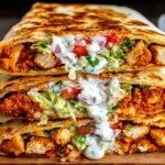 Healthy Chicken Crunch Wrap stacked and sliced, filled with seasoned chicken, shredded lettuce, tomatoes, and creamy sauce in a crispy toasted tortilla.
