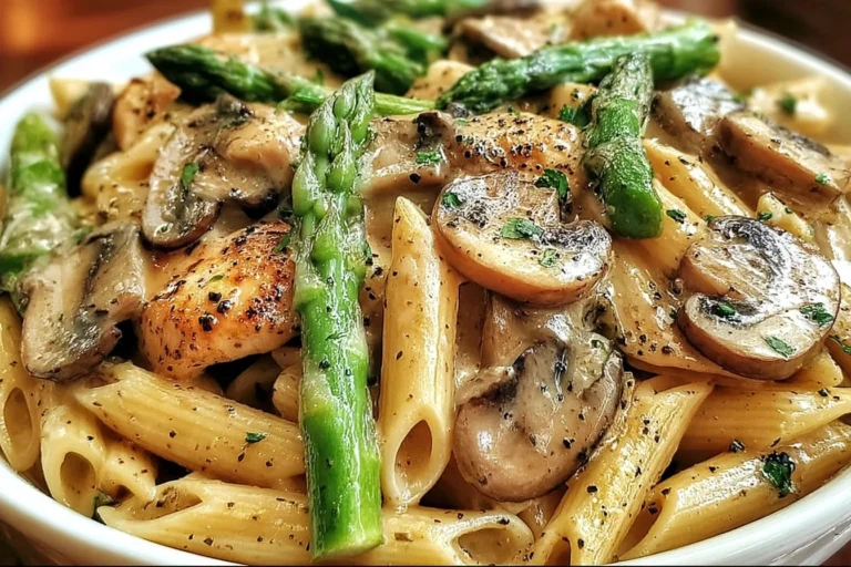 Chicken Penne with Mushroom and Asparagus in a creamy Parmesan sauce with tender chicken, sautéed mushrooms, and crisp asparagus spears.
