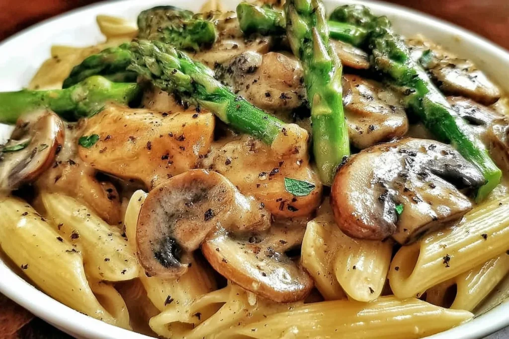 Chicken Penne with Mushroom and Asparagus in a rich, creamy garlic-Parmesan sauce with juicy chicken bites, sautéed mushrooms, and tender asparagus.
